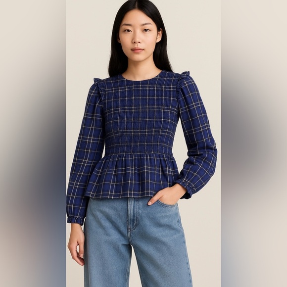 She + Sky Tops - She & Sky Smocked Plaid Blouse Cottagecore Academia Peplum Puff Sleeve Sz S